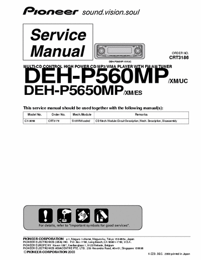 Pioneer DEH-P560MP DEH-P5650MP Audio Car