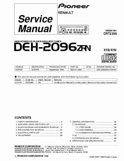 PIONEER DEH-2096 RENAULT SERVICE MANUAL
