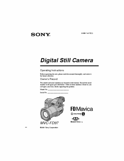 Sony MVCFD97 Complete owner/user operating instruction manual for Sony Mavica MVC-FD97 digital camera.