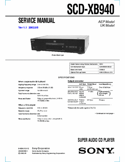 Sony Scd-xb940 Full service manual - Scd-xb940 super audio cd player
