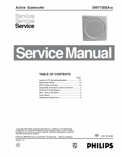 Philips SW7100SA /00 Service Manual Active Subwoofer 6.5