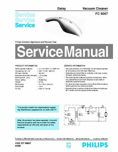 Philips FC 6047 (Daisy) Service Manual DOMESTIC APPLIANCE and PERSONAL CARE Vacuum Cleaner 400mA - pag. 2
