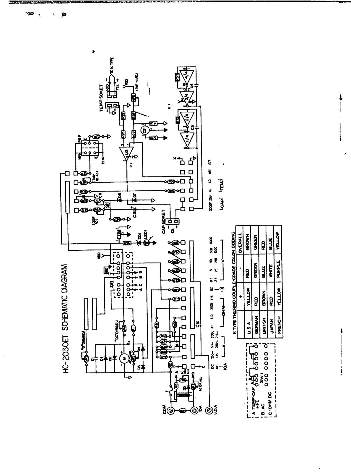 Hung Chang HC-2030ET Schematics and circuit diagram along with component listings regarding the repair and service and repair of the Hang Chang VOM multi meter.