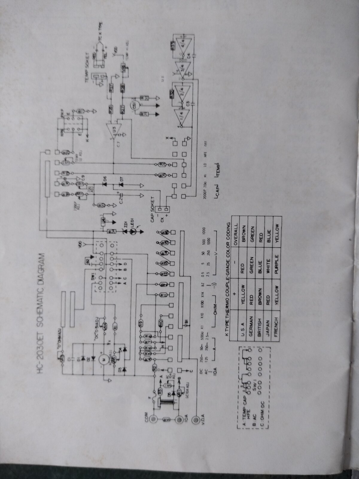 Hung Chang HC-2030ET Schematics and circuit diagram along with component listings regarding the repair and service and repair of the Hang Chang VOM multi meter.