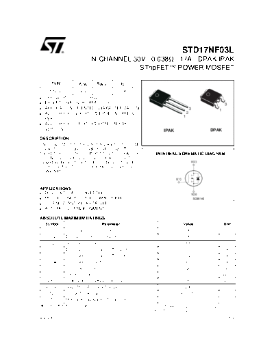Various STD17NF03 - N-CHANNEL 30V - 0.038ohm - 17A - DPAK-IPAK STripFET POWER MOSFET  . Electronic Components Datasheets Various STD17NF03 - N-CHANNEL 30V - 0.038ohm - 17A - DPAK-IPAK STripFET POWER MOSFET.pdf