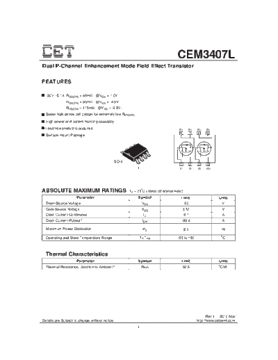 . Electronic Components Datasheets cem3407l  . Electronic Components Datasheets Active components Transistors CET cem3407l.pdf