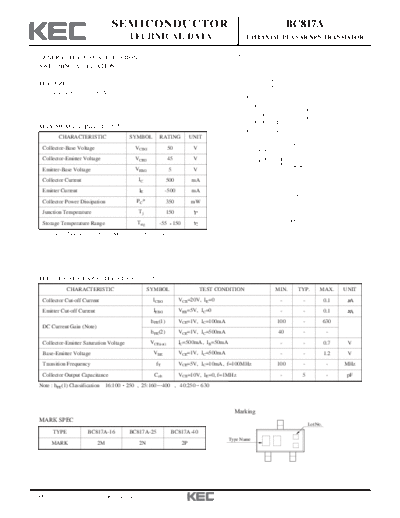 KEC bc817a  . Electronic Components Datasheets Active components Transistors KEC bc817a.pdf