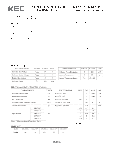 KEC kra310v 314v  . Electronic Components Datasheets Active components Transistors KEC kra310v_314v.pdf