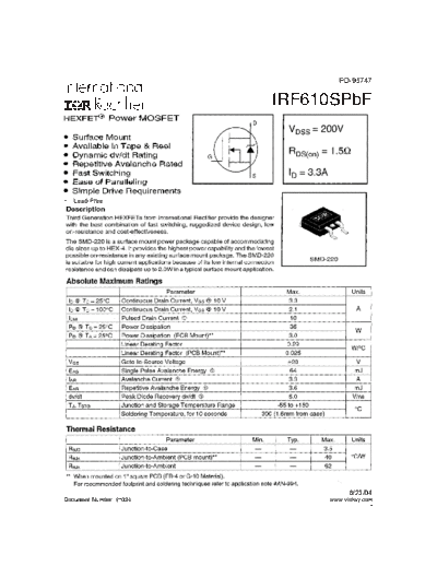 International Rectifier irf610spbf  . Electronic Components Datasheets Active components Transistors International Rectifier irf610spbf.pdf