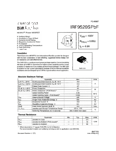 International Rectifier irf9520spbf  . Electronic Components Datasheets Active components Transistors International Rectifier irf9520spbf.pdf