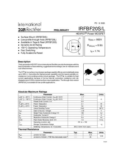 International Rectifier irfbf20s  . Electronic Components Datasheets Active components Transistors International Rectifier irfbf20s.pdf