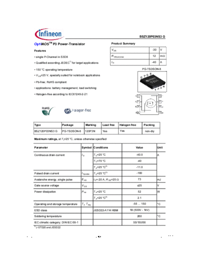 . Electronic Components Datasheets bsz120p03ns3g 21  . Electronic Components Datasheets Active components Transistors Infineon bsz120p03ns3g_21.pdf