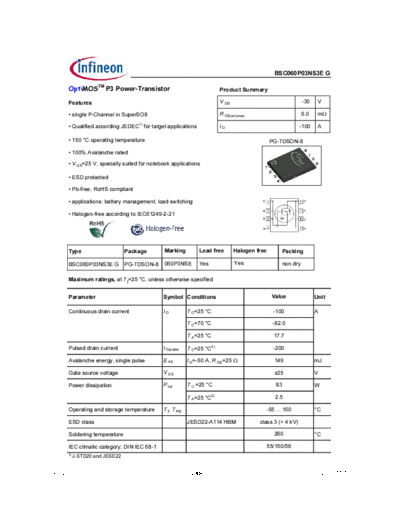 Infineon bsc060p03ns3eg 2.1  . Electronic Components Datasheets Active components Transistors Infineon bsc060p03ns3eg_2.1.pdf