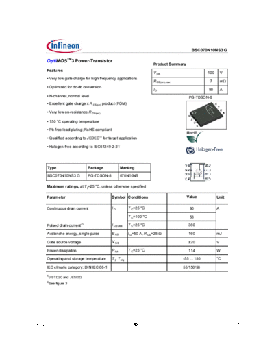 Infineon bsc070n10ns3rev21  . Electronic Components Datasheets Active components Transistors Infineon bsc070n10ns3rev21.pdf