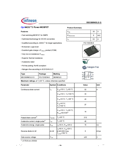 Infineon bsc080n03ls rev1.25  . Electronic Components Datasheets Active components Transistors Infineon bsc080n03ls_rev1.25.pdf