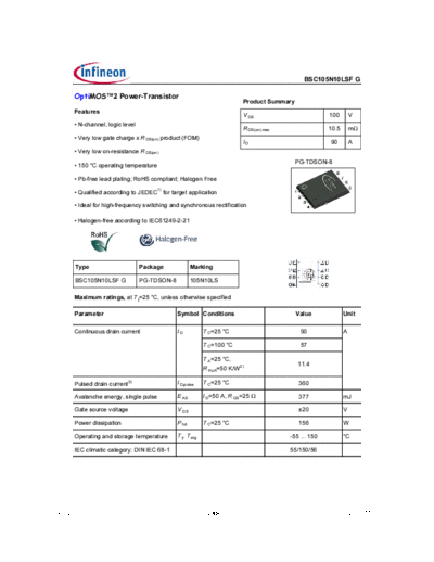 Infineon bsc105n10lsfrev2.09  . Electronic Components Datasheets Active components Transistors Infineon bsc105n10lsfrev2.09.pdf