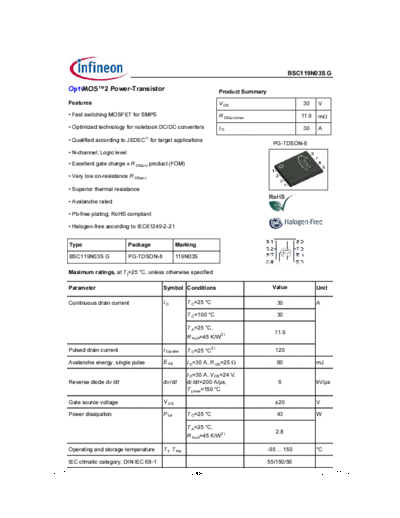 Infineon bsc119n03s rev1.91 g  . Electronic Components Datasheets Active components Transistors Infineon bsc119n03s_rev1.91_g.pdf