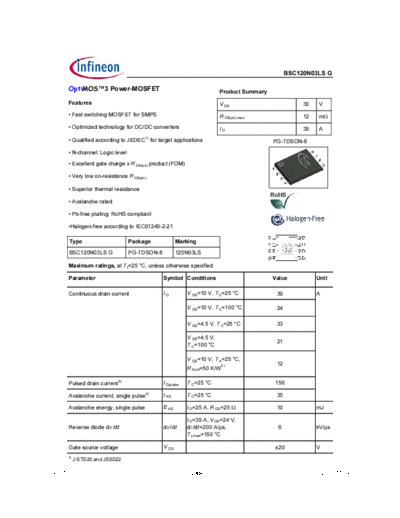 Infineon bsc120n03ls rev1.6  . Electronic Components Datasheets Active components Transistors Infineon bsc120n03ls_rev1.6.pdf