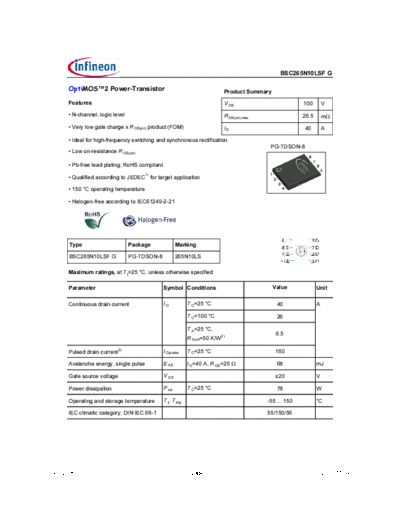 Infineon bsc265n10lsfg rev2.08  . Electronic Components Datasheets Active components Transistors Infineon bsc265n10lsfg_rev2.08.pdf