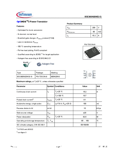Infineon bsc900n20ns3rev2.2  . Electronic Components Datasheets Active components Transistors Infineon bsc900n20ns3rev2.2.pdf