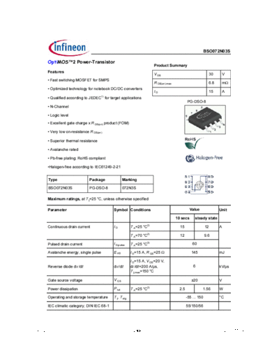 Infineon bso072n03s rev2.0 g  . Electronic Components Datasheets Active components Transistors Infineon bso072n03s_rev2.0_g.pdf