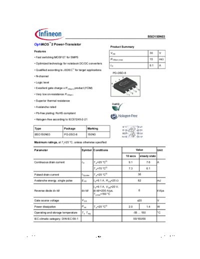 Infineon bso150n03 rev1.7 g  . Electronic Components Datasheets Active components Transistors Infineon bso150n03_rev1.7_g.pdf