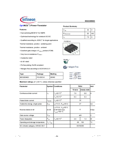 Infineon bso200n03 v1.4 g  . Electronic Components Datasheets Active components Transistors Infineon bso200n03_v1.4_g.pdf
