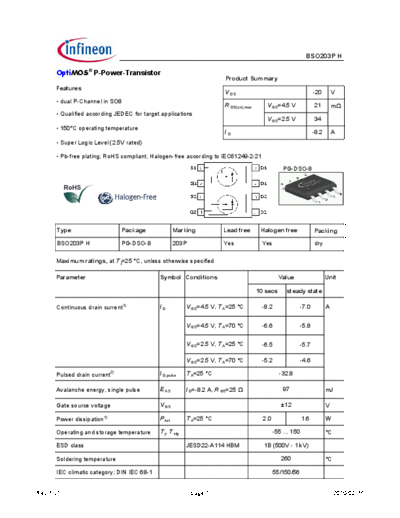 Infineon bso203p h 1.31  . Electronic Components Datasheets Active components Transistors Infineon bso203p_h_1.31.pdf