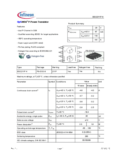 . Electronic Components Datasheets bso211p h 13  . Electronic Components Datasheets Active components Transistors Infineon bso211p_h_13.pdf