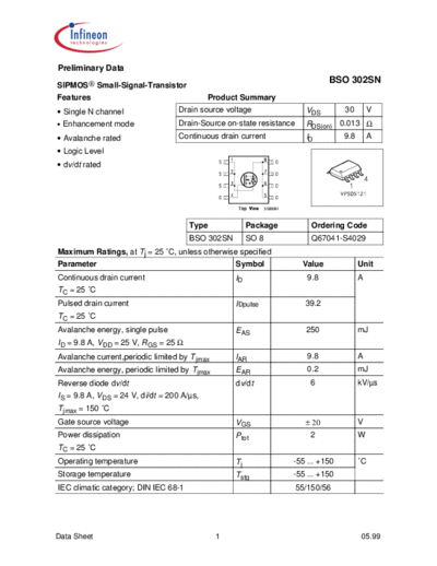 Infineon bso302sn  . Electronic Components Datasheets Active components Transistors Infineon bso302sn.pdf