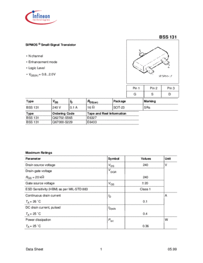 Infineon bss131  . Electronic Components Datasheets Active components Transistors Infineon bss131.pdf
