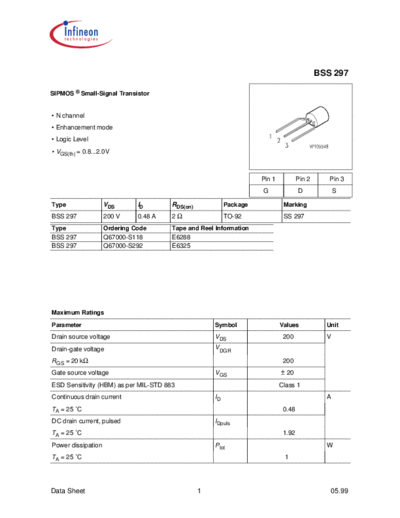 Infineon bss297  . Electronic Components Datasheets Active components Transistors Infineon bss297.pdf