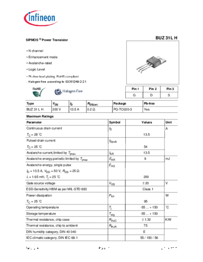 . Electronic Components Datasheets buz31lh rev2.4  . Electronic Components Datasheets Active components Transistors Infineon buz31lh_rev2.4.pdf