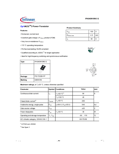 Infineon ipa045n10n3g rev2.2  . Electronic Components Datasheets Active components Transistors Infineon ipa045n10n3g_rev2.2.pdf