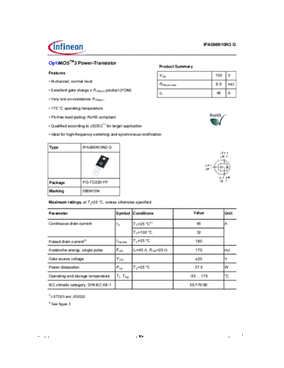 Infineon ipa086n10n3g rev2.2  . Electronic Components Datasheets Active components Transistors Infineon ipa086n10n3g_rev2.2.pdf