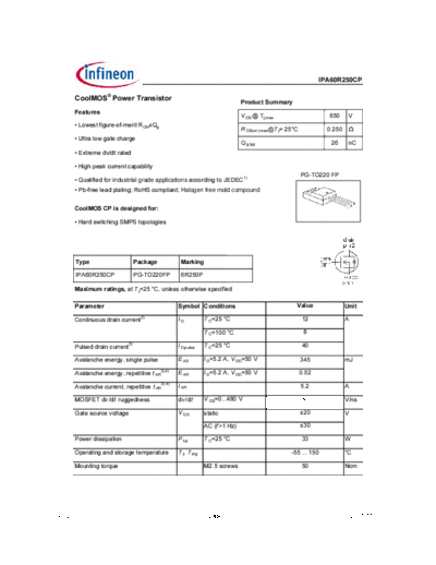 Infineon ipa60r250cp rev2.0  . Electronic Components Datasheets Active components Transistors Infineon ipa60r250cp_rev2.0.pdf