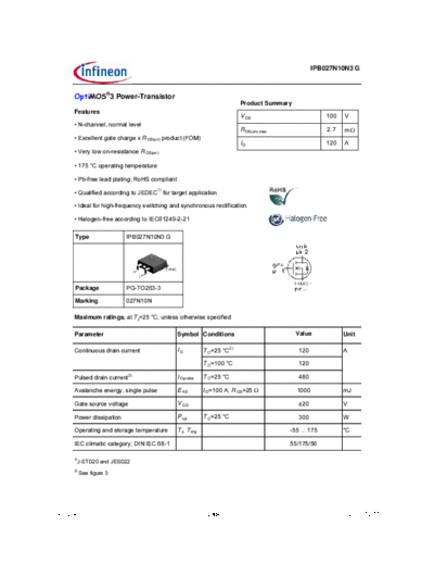 Infineon ipb027n10n3g rev2.4  . Electronic Components Datasheets Active components Transistors Infineon ipb027n10n3g_rev2.4.pdf