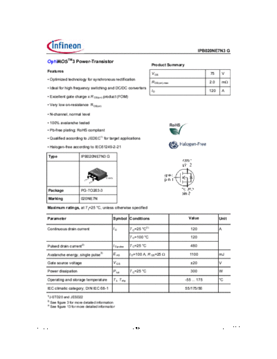 . Electronic Components Datasheets ipb020ne7n3 rev2.2  . Electronic Components Datasheets Active components Transistors Infineon ipb020ne7n3_rev2.2.pdf