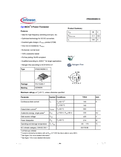 Infineon ipb023n06n3 rev2.2  . Electronic Components Datasheets Active components Transistors Infineon ipb023n06n3_rev2.2.pdf