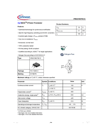 Infineon ipb031ne7n3 rev2.2  . Electronic Components Datasheets Active components Transistors Infineon ipb031ne7n3_rev2.2.pdf