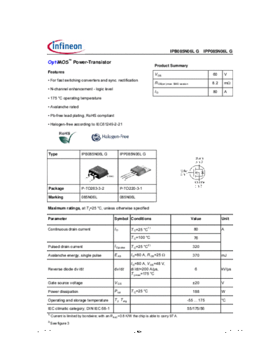 Infineon ipb085n06lg ipp085n06lg rev1.05  . Electronic Components Datasheets Active components Transistors Infineon ipb085n06lg_ipp085n06lg_rev1.05.pdf