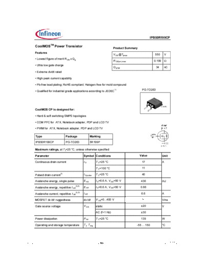 Infineon ipb50r199cp rev2.0  . Electronic Components Datasheets Active components Transistors Infineon ipb50r199cp_rev2.0.pdf