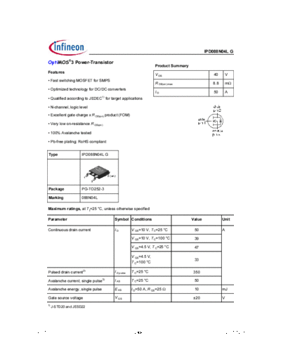Infineon ipd088n04l rev1.0  . Electronic Components Datasheets Active components Transistors Infineon ipd088n04l_rev1.0.pdf