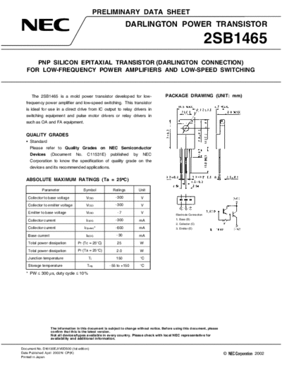 NEC 2sb1465  . Electronic Components Datasheets Active components Transistors NEC 2sb1465.pdf