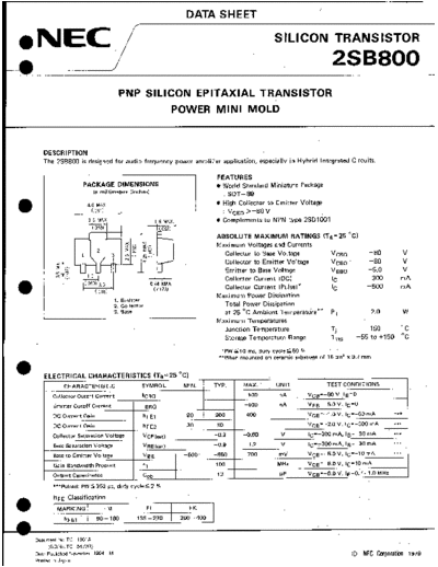 NEC 2sb800  . Electronic Components Datasheets Active components Transistors NEC 2sb800.pdf