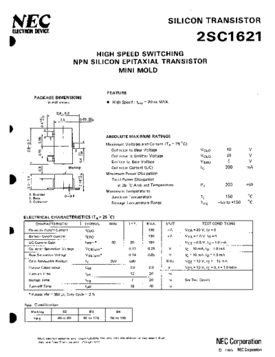 NEC 2sc1621  . Electronic Components Datasheets Active components Transistors NEC 2sc1621.pdf