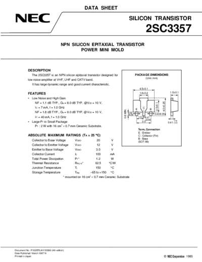 NEC 2sc3357  . Electronic Components Datasheets Active components Transistors NEC 2sc3357.pdf