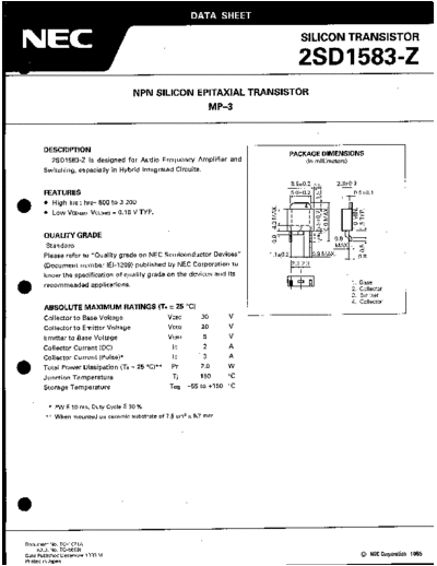 NEC 2sd1583  . Electronic Components Datasheets Active components Transistors NEC 2sd1583.pdf