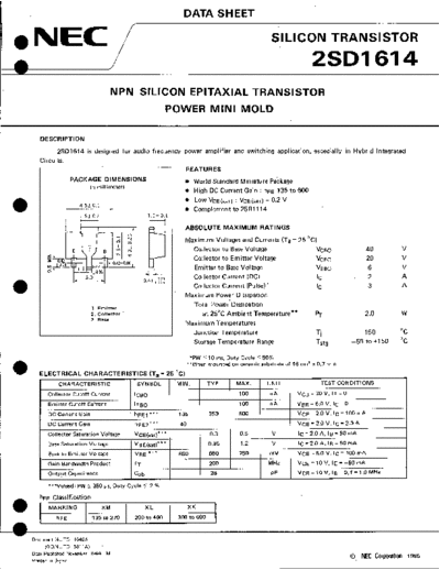 NEC 2sd1614  . Electronic Components Datasheets Active components Transistors NEC 2sd1614.pdf