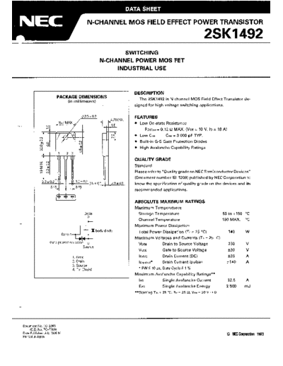 NEC 2sk1492  . Electronic Components Datasheets Active components Transistors NEC 2sk1492.pdf